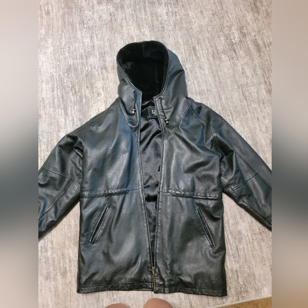 Women's Black Leather Hooded Jacket Bomber 90s Vintage Faux Fur Hood Coat